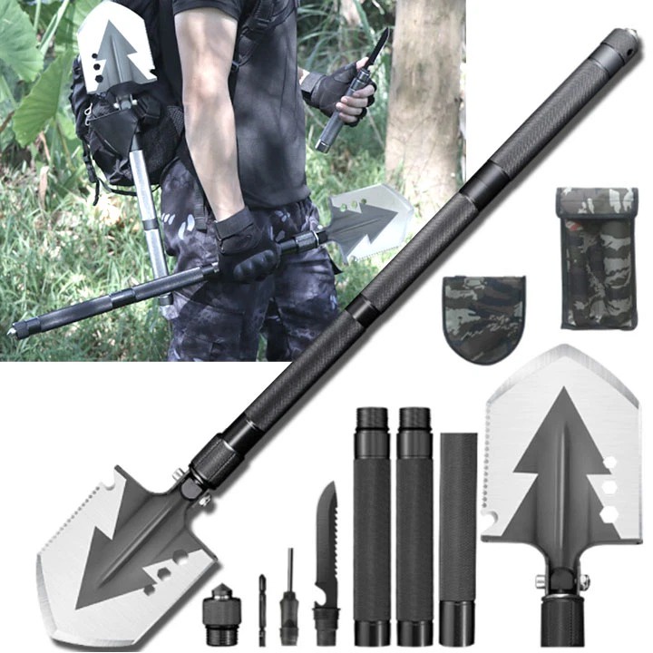 Xẻng quân dụng đa năng 12 chức năng đi phượt dã ngoại chất liệu hợp kim cao cấp loại dài 93 cm
