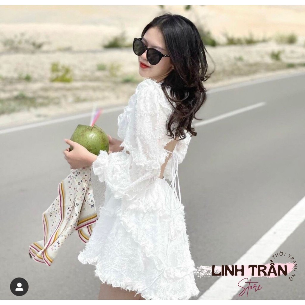 Váy Trắng Hở Lưng Chất Voan Tơ 🦋FREESHIP🦋 Đầm Trắng Hở Lưng Dáng Xòe Dây Lưng Dài Tay