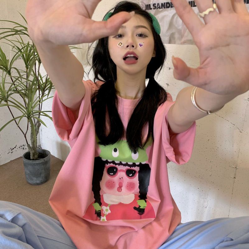 Áo Thun Tay Ngắn Dáng Rộng In Hoạt Hình Kiểu Hàn Quốc Thời Trang Mùa Hè Cho Nữ