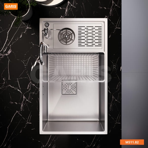 CHẬU RỬA 1 HỐ CÓ MÁY RỬA CỐC, CHÉN GARIS MS11.82 CÓ THỢ LẮP ĐẶT