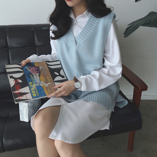 Áo Sweater Không Tay Cổ Chữ V Dáng Rộng Phong Cách Hàn Quốc | BigBuy360 - bigbuy360.vn