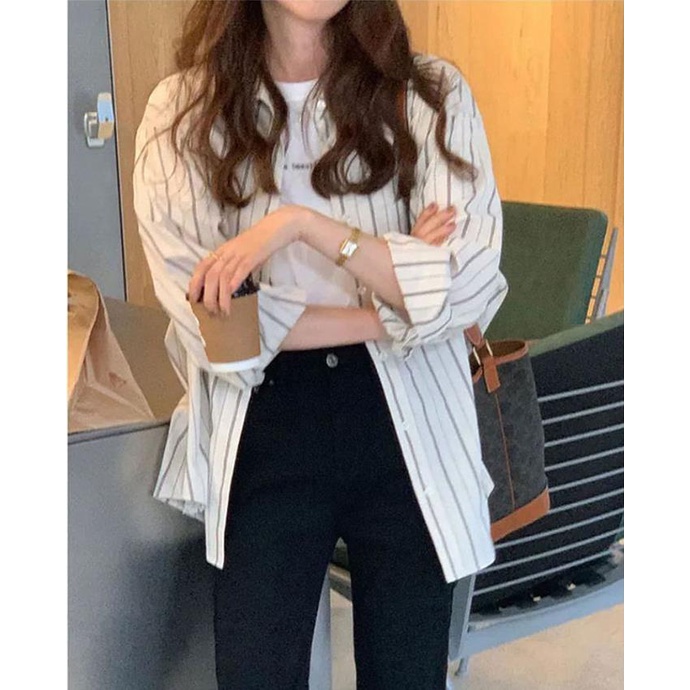 Áo Sơ Mi Tay Dài Dáng Rộng Họa Tiết Kẻ Sọc Phong Cách Vintage Mới