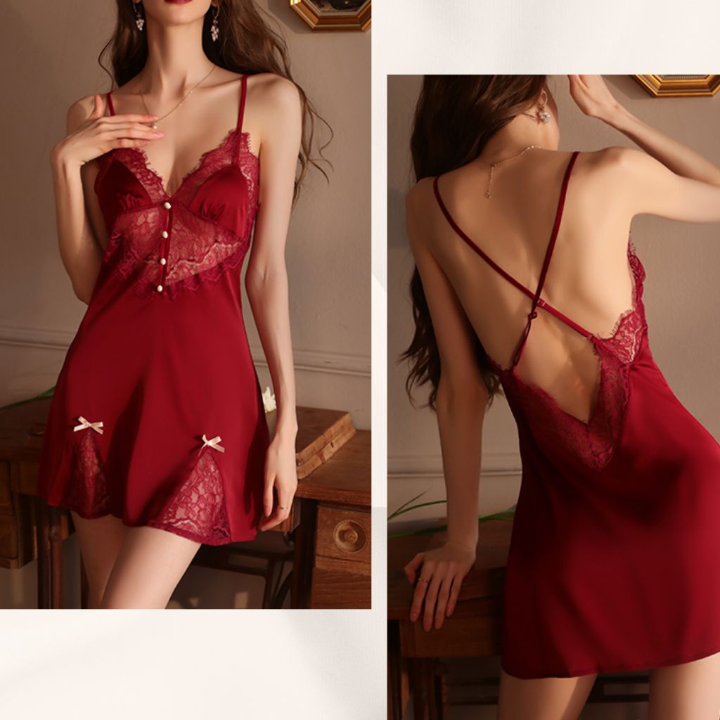 Đầm ngủ sexy phối ren Váy ngủ gợi cảm 2 dây lụa satin mềm mịn chéo lưng nút bọc vải M73