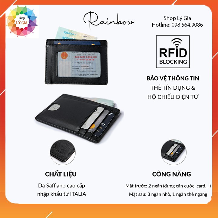 Ví card nam mini da thật với 3 ngăn siêu mỏng chống trộm RFID thông minh nhỏ gọn tinh tế | Hàng chính hãng Rainbow