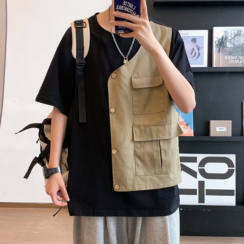 Áo Thun Ngắn Tay Giả Hai Lớp Phối Túi Phong Cách Hàn Quốc Dành Cho Nam