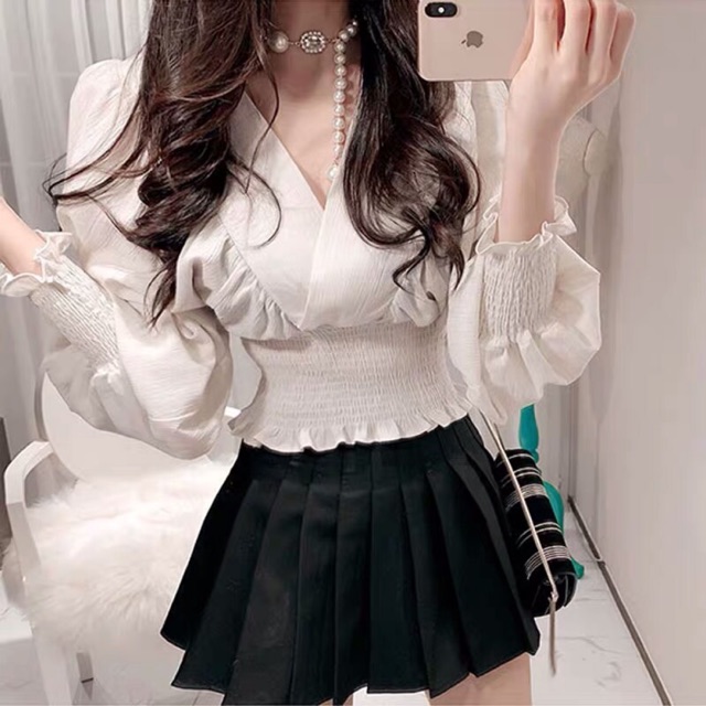 [Mã WA2710 giảm 10k đơn 99k] Áo kiểu croptop nhúm eo tay dài ống bo kèm ảnh thật khách chụp hình cuối