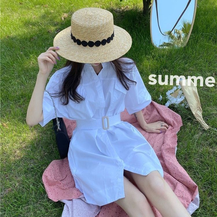 Đầm sơ mi màu trắng thời trang mùa hè phong cách Hàn Quốc dành cho nữ