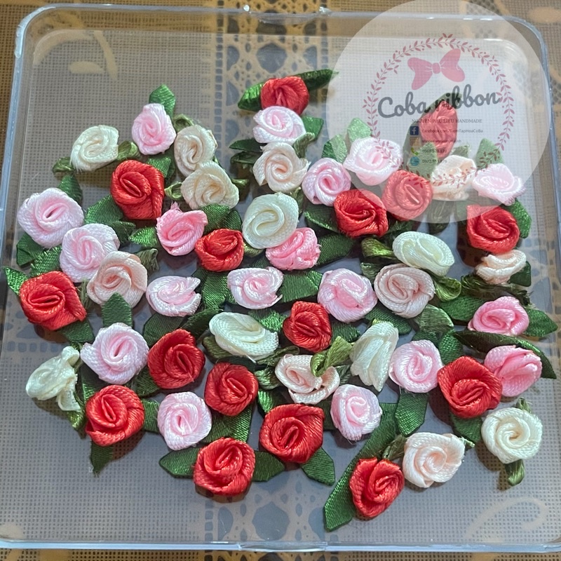 Set hoa ruy băng satin loại có lá cỡ 10mm (màu theo từng đợt hàng)