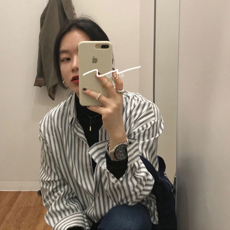 SUXI Áo Kiểu Tay Dài Dáng Rộng Hoạ Tiết Kẻ Sọc Phong Cách Retro