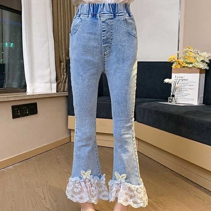 Quần Jean Ống Loe Phối Ren Và Nơ Tua Rua Thời Trang Xuân Hè Cho Bé Gái