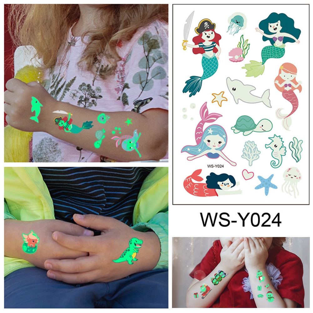 Hw Hình Xăm Tạm Thời Dạ Quang Chống Nước 110x75mm Họa Tiết Hoạt Hình Cho Trẻ Em