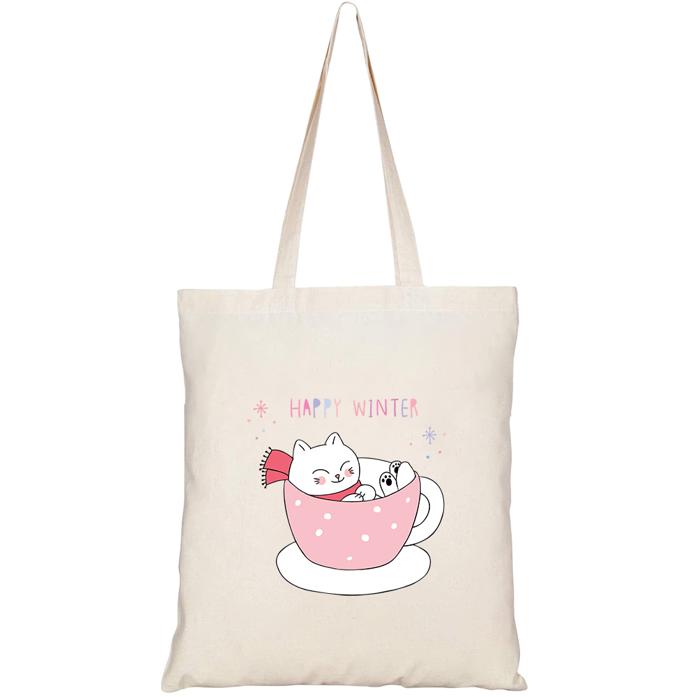 Túi vải tote canvas HTFashion in hình happy winter cat sleeping cup HT98