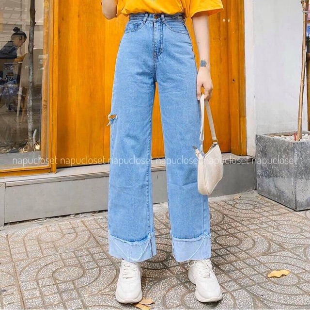 Quần jeans ống suông lật lai qq661