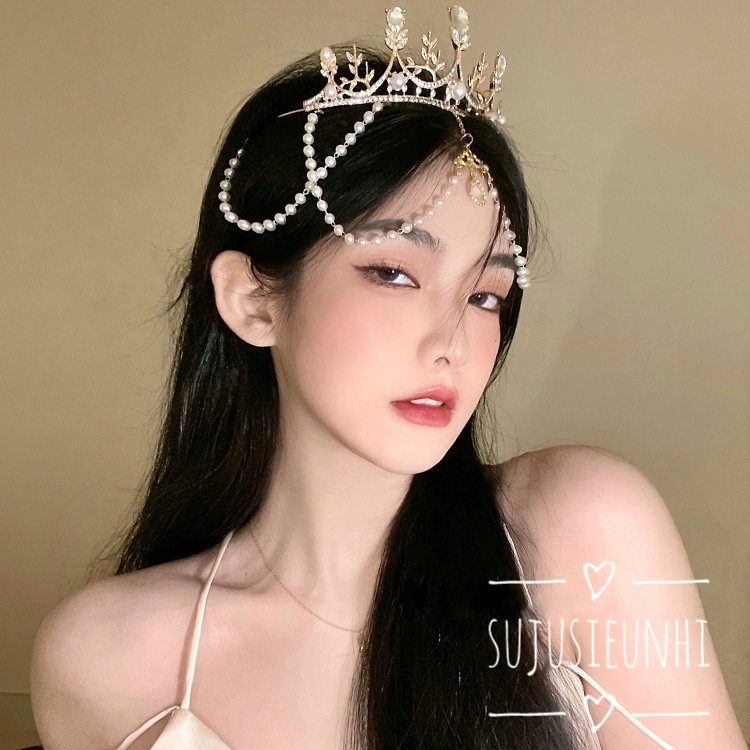 vương miện kèm chuỗi ngọc đính giọt nước trang trí trán lolita, cài tóc cô dâu, cosplay hóa trang