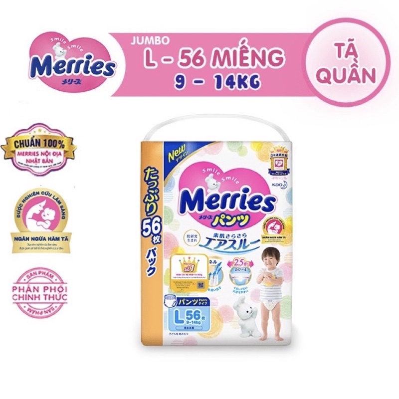 Tã/bỉm quần Merries Jumbo đủ size L56/XL50/XXL32