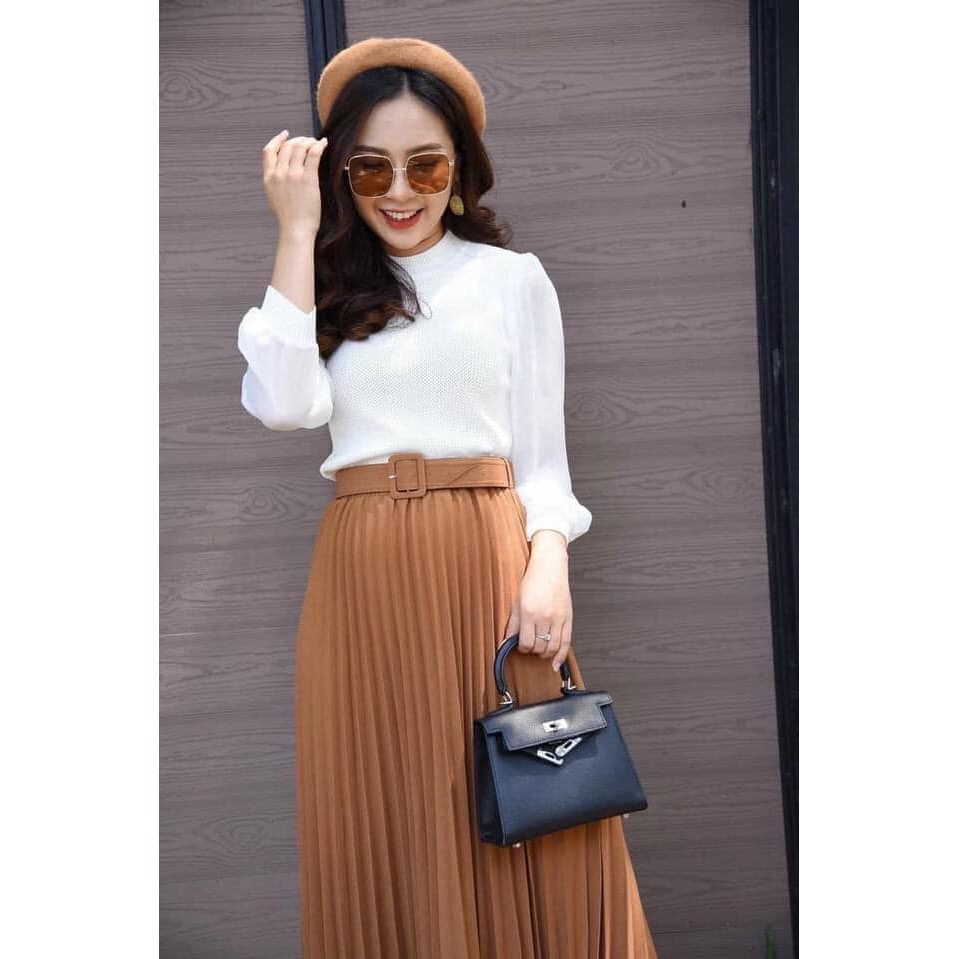 Chân Váy Xếp Ly Dáng Dài Kèm Đai Hàng Quảng Châu Cao Cấp Senorita CV05