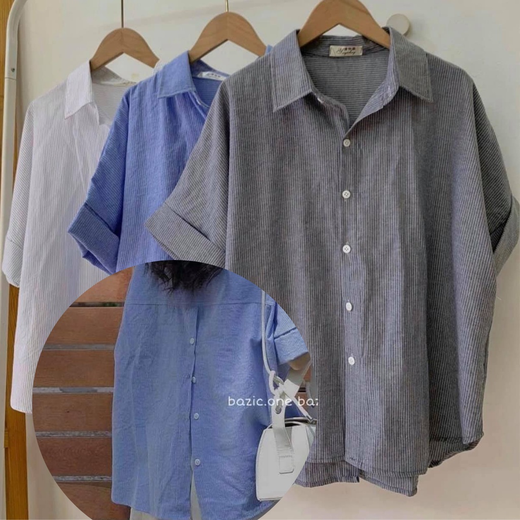 [CÓ SẴN] SƠ MI CỘC TAY, KẺ SỌC, NÚT CÀI SAU LƯNG, FORM FREESIZE < 58KG, ẢNH THẬT | BigBuy360 - bigbuy360.vn