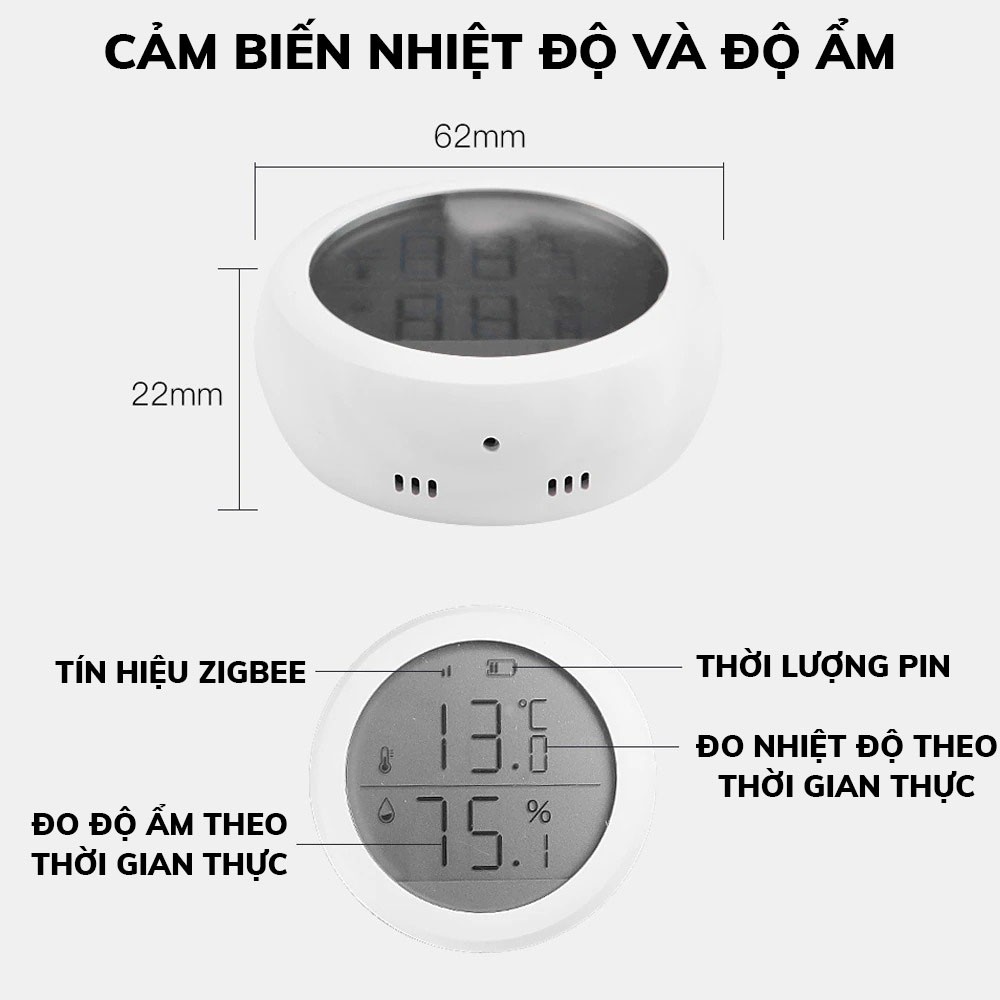 Cảm biến nhiệt độ và độ ẩm Tuya ZigBee có màn hình LCD - Đo nhiệt độ và độ ẩm, Hiển thị lên màn hình và App Smart Life