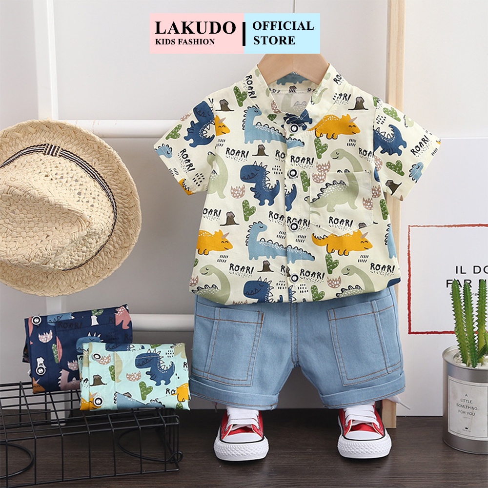 Bộ đồ áo sơ mi quần jean LAKUDO họa tiết KHỦNG LONG phong cách Hàn Quốc cho bé trai QATE32