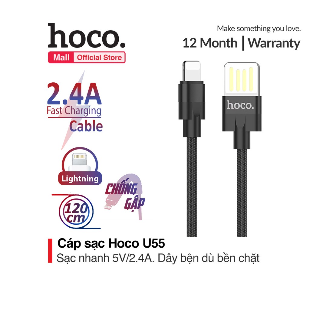 Cáp sạc nhanh Lightning Hoco U55 dài 1.2m nguồn ra 2.4A Max cho iPhone/iPad/iPod