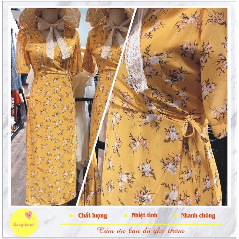 (ẢNH THẬT ) ĐẦM HOA VÀNG NHÍ THẮT EO