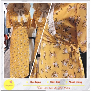 (ẢNH THẬT ) ĐẦM HOA VÀNG NHÍ THẮT EO