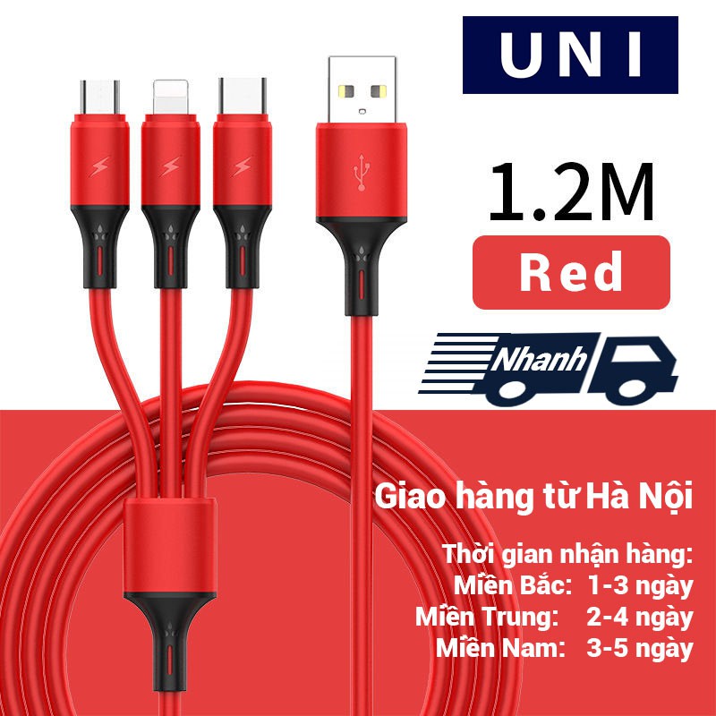 【UNI】Dây cáp sạc 3 in1  nhiều cổng sạc USB micro type C lightning 3 trong 1 cho điện thoại iPhone Samsung Huawei dài 1.2