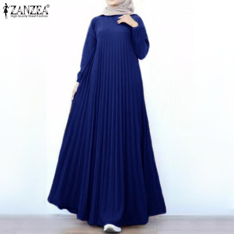 Áo đầm dài maxi ZANZEA cổ tròn xếp ly dáng rộng cơ bản phong cách Hồi giáo dành cho nữ