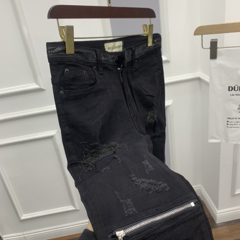 Quần bò Dior khoá đùi viền cạp- Quần jean nam rách khoá gối đỉnh cao