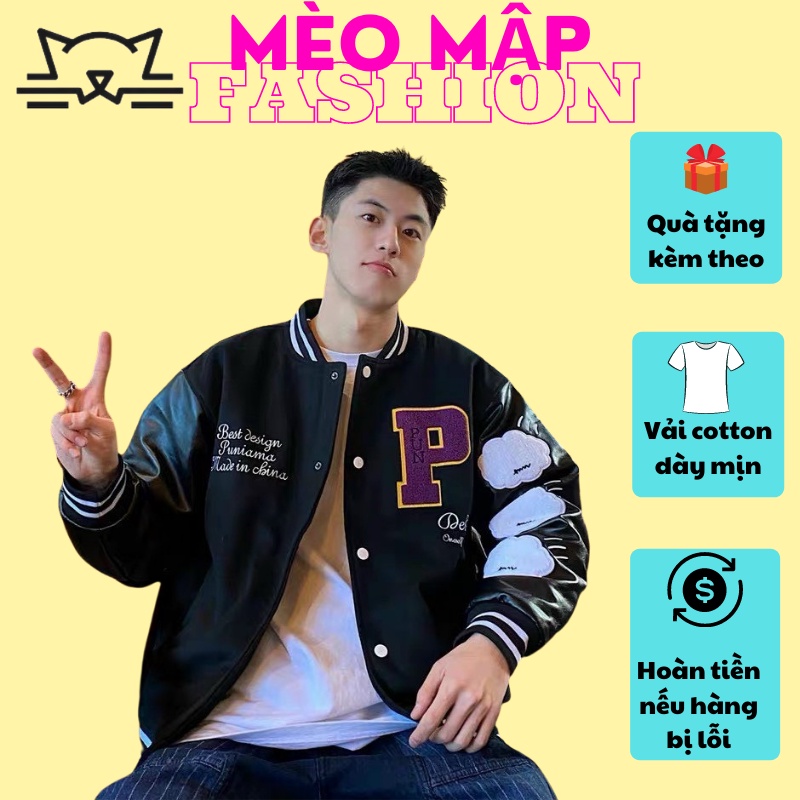 Áo khoác bomber bóng chày nam nữ couple Puniama phối da PU họa tiết mây ở tay quảng châu cao cấp Mèo Mập Fashion BB006