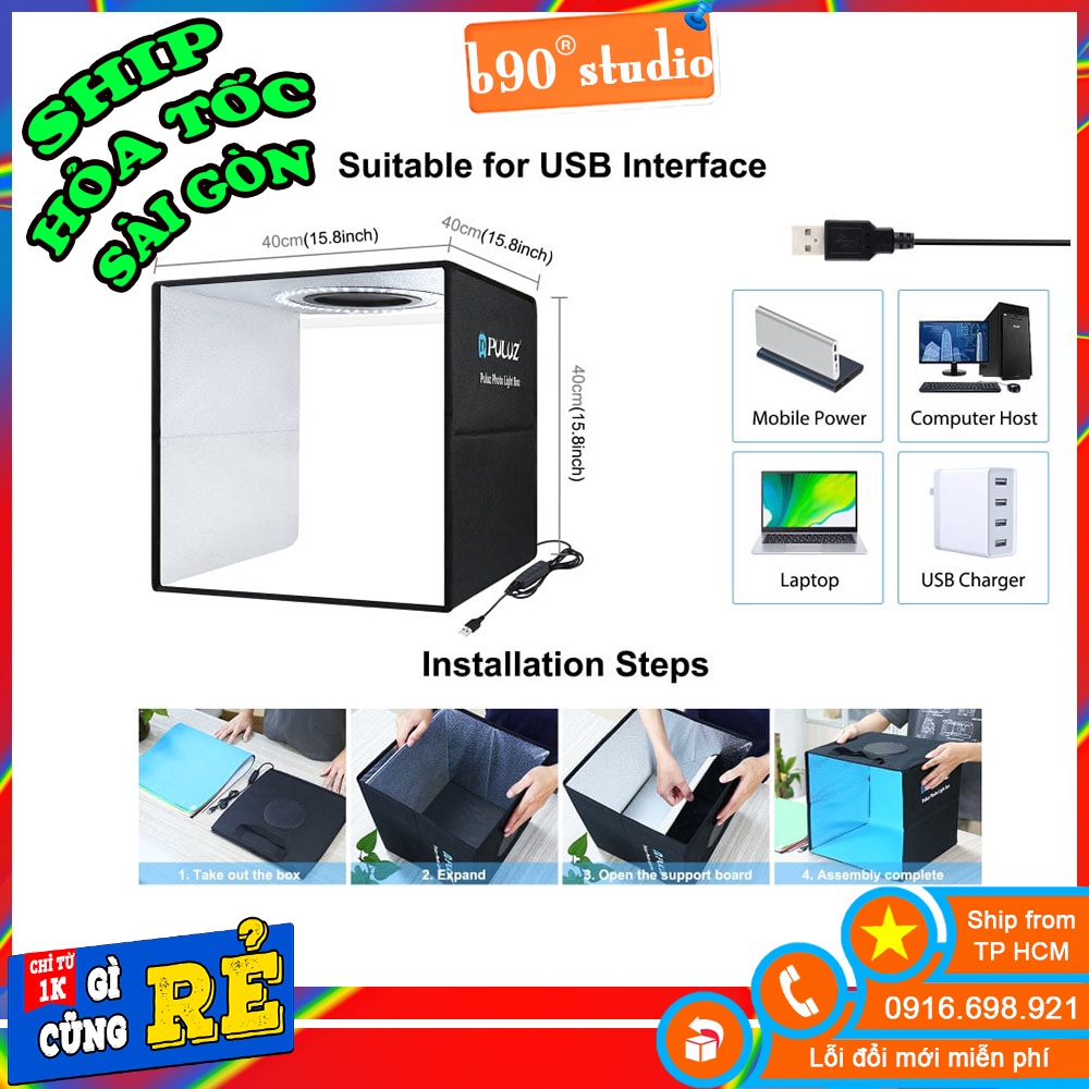 Hộp chụp hình sản phẩm 40cm x 40cm Puluz 6 MÀU NỀN tích hợp 2 đèn LED tùy chỉnh độ sáng