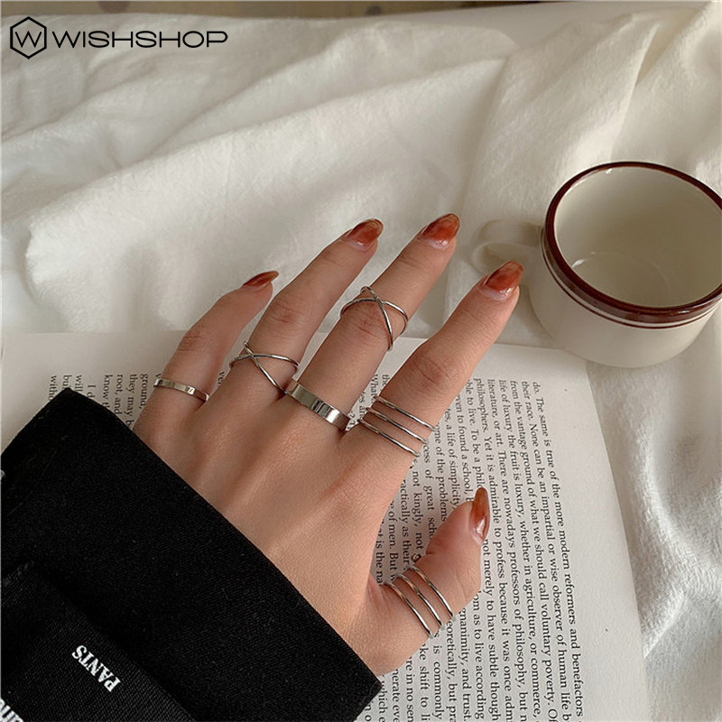 [WHOLESALE] [6Pcs Set Women Fashion Korean Retro Multi-style Silver Rings ] [ Elegant Ladies Smooth Fine Thin Finger Ring] [Lovely Jewelry Gifts For Girl Friends]