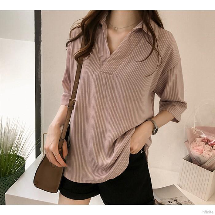 FREESHIP ĐƠN 99K_ Áo kiểu dáng rộng cổ tim tay lửng phối họa tiết kẻ sọc cho nữ | BigBuy360 - bigbuy360.vn