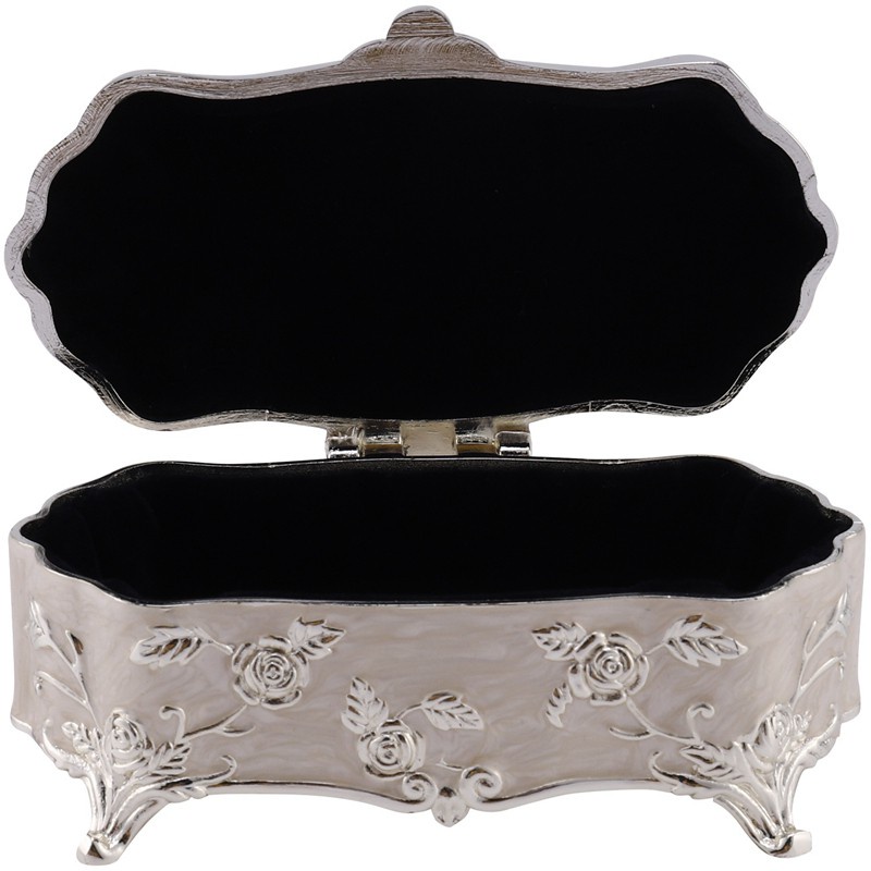 Vintage Jewellery Case Fashion Jewelry Box White Enamel Zinc-Alloy Metal Trinket Box Flower Carved Toothpick Storage