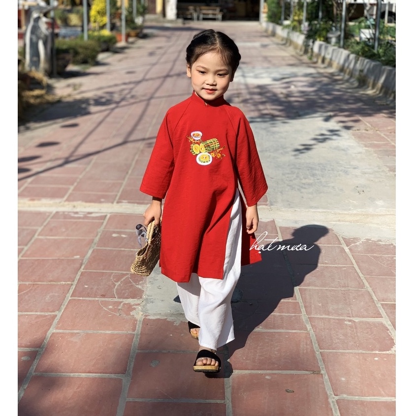 Áo dài Thanh Mai cho bé gái vải đũi mềm mại thêu hoa mai vàng xinh xắn (kèm quần đũi trắng)