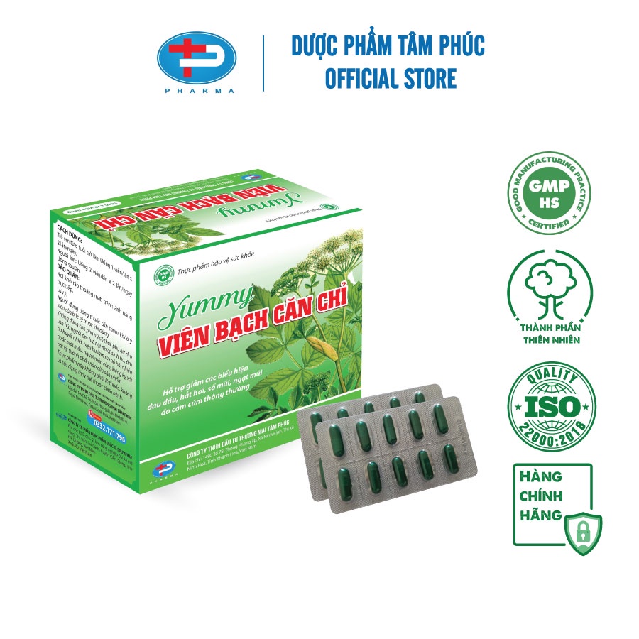 Viên Nang Yummy Viên Bạch Căn Chỉ TÂM PHÚC PHARMA Hỗ Trợ Giảm Đau Đầu Sổ Mũi Ngạt Thở Do Cảm Cúm Thông Thường