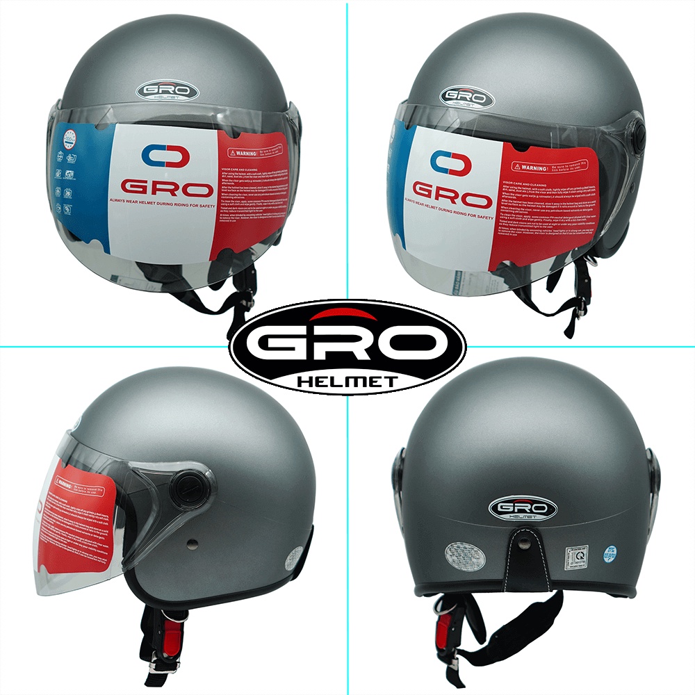 Mũ Bảo Hiểm 3/4 đầu GRO Helmet T818 có kính dài che cả mặt, kiểu dáng thời trang cho nữ, khóa kim loại - Xám Nhám