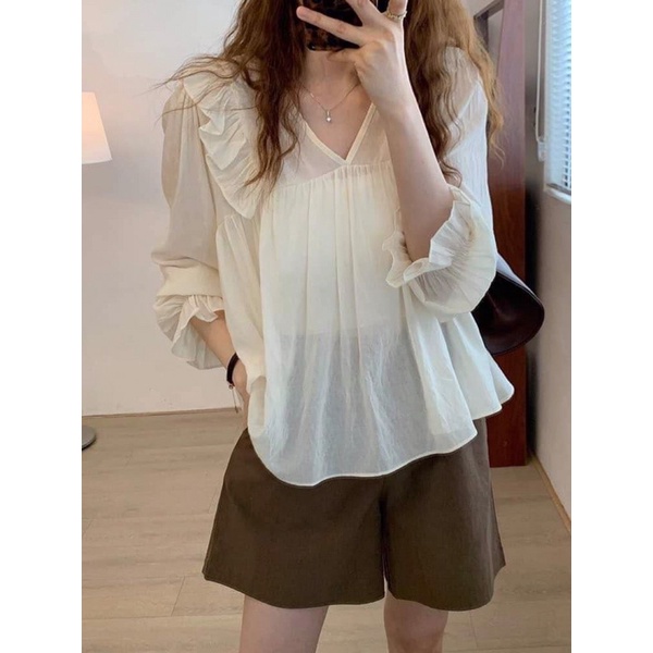 [Ảnh thật/Video]Set áo lụa nhúm bèo kèm quần nâu vintage Bộ đồ vintage nàng thơ | BigBuy360 - bigbuy360.vn