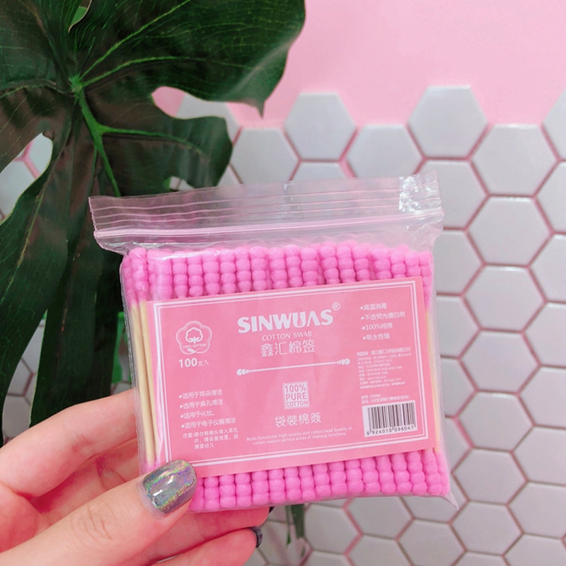 Set 100 tăm bông hai đầu màu hồng tiện dụng để làm sạch mũi và tai