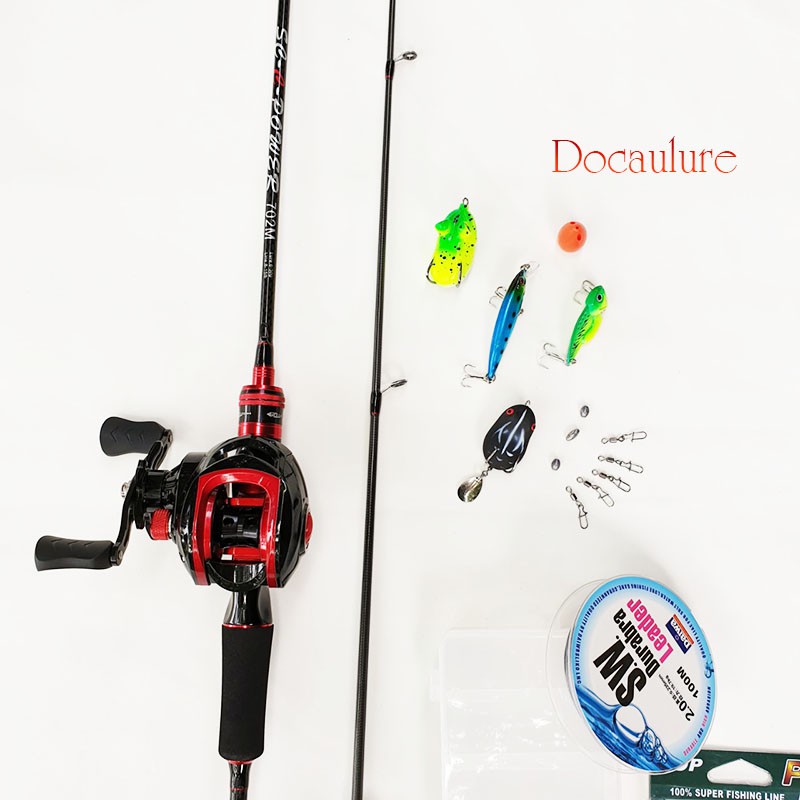 Bộ Cần câu lure carbon Máy câu ngang đỏ đen tay trái hoặc tay phải + dây câu lure + bộ mồi lure B-lu-NG901