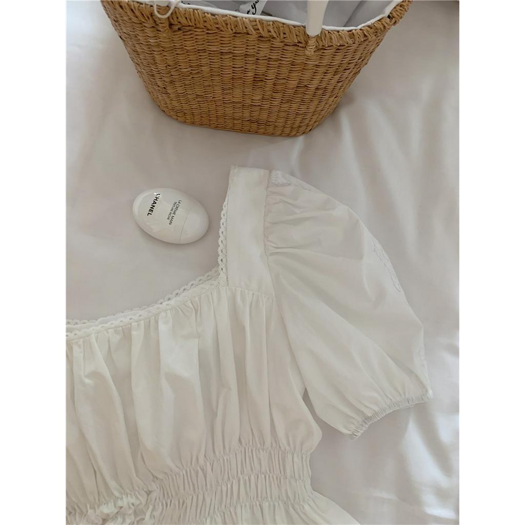 Áo Kiểu Tay Ngắn Cổ Vuông Phối Ren Ôm Eo 51580