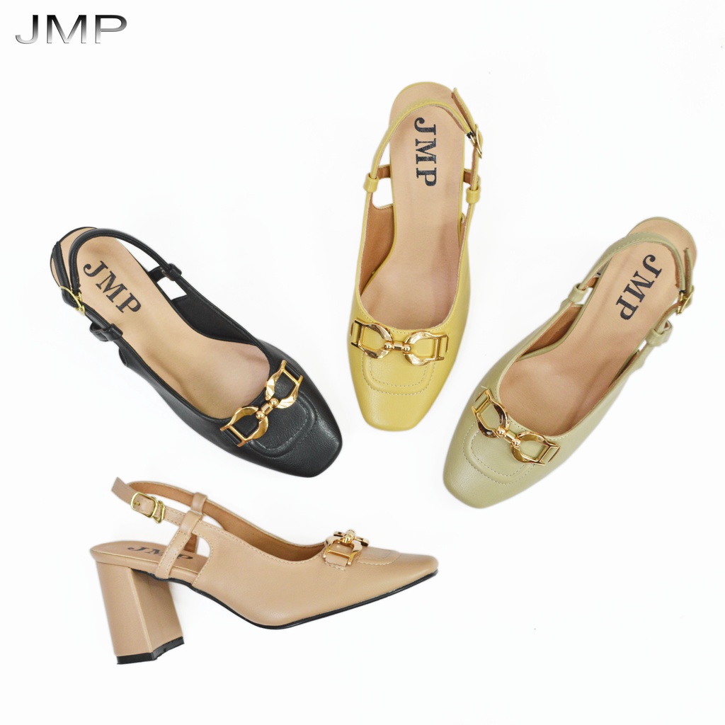 JMP - Giày Sandal Cao Gót Bít Mũi Đính Khóa Kim Loại , Gót Vuông 7 Phân - AH273