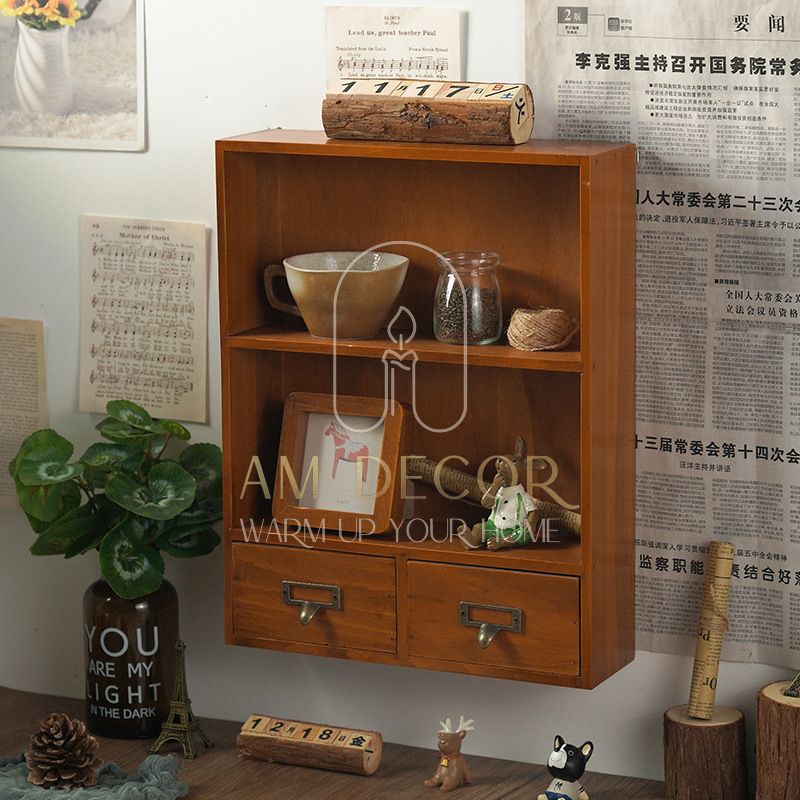 Tủ gỗ thông để bàn treo tường 2 ngăn kéo 2 tầng decor trang trí bàn học làm việc sang trọng - AM Decor