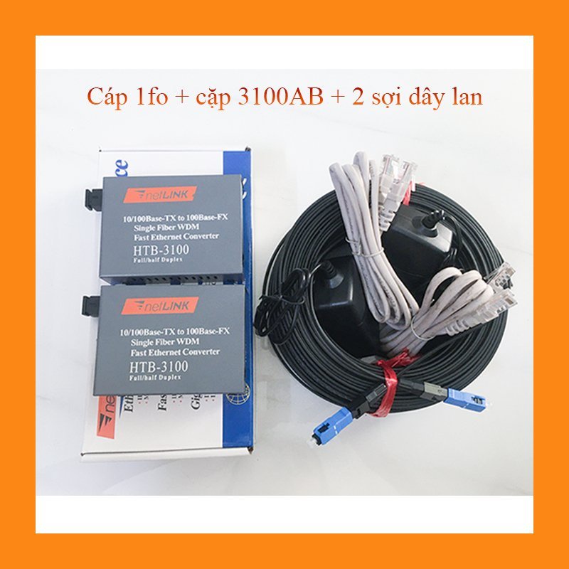 100m cáp quang 1fo gia cường bấm sẵn 2 đầu + cặp converter quang 3100AB 100M + 2 sợi dây lan
