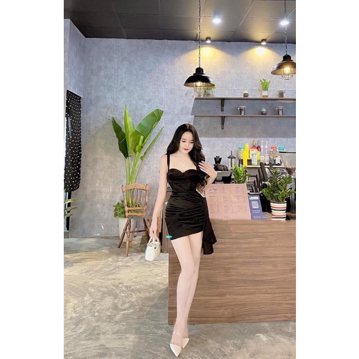 Váy cúp hai dây nhún tà eo đi tiệc. Đầm ôm body dáng ngắn hàng loại 1