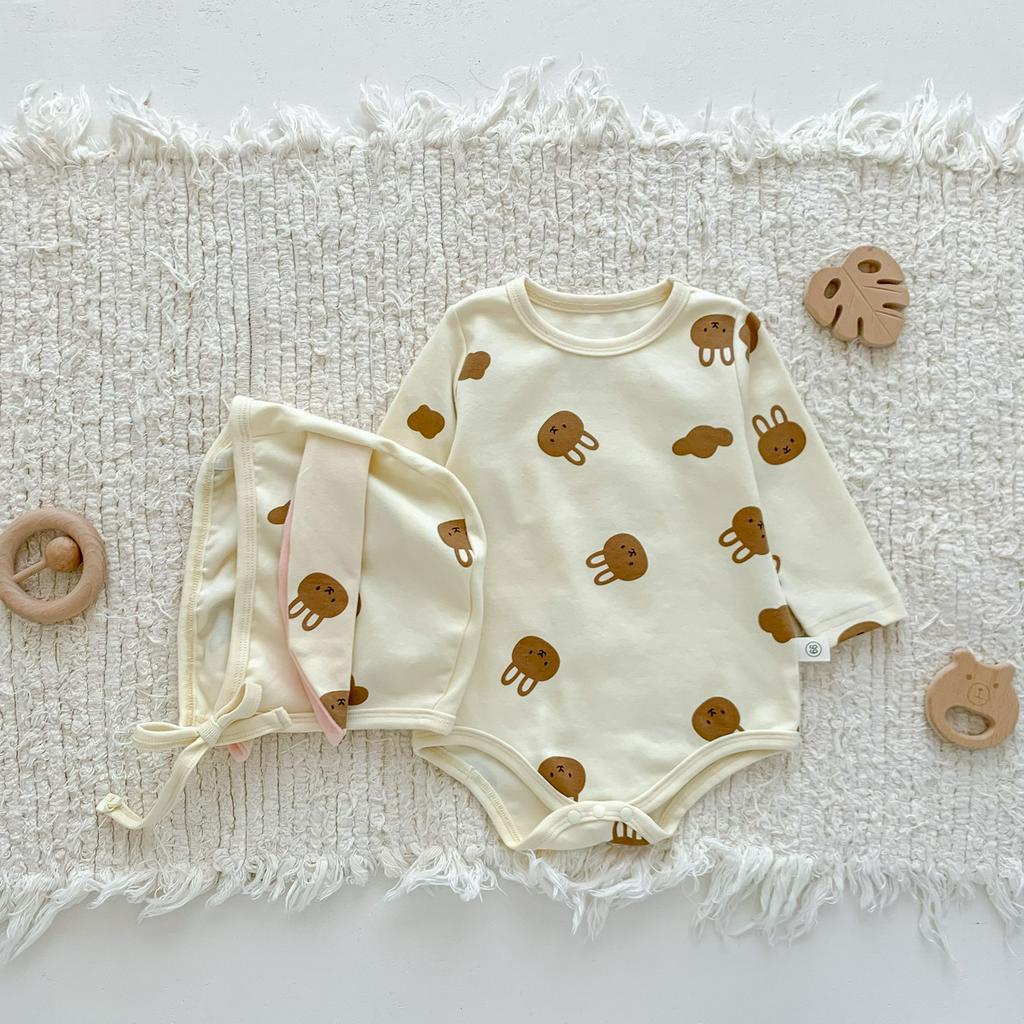 Bộ Áo Liền Quần Tay Dài In Hình Thỏ Dễ Thương Kèm Mũ Thời Trang Mùa Xuân Cho Bé Sơ