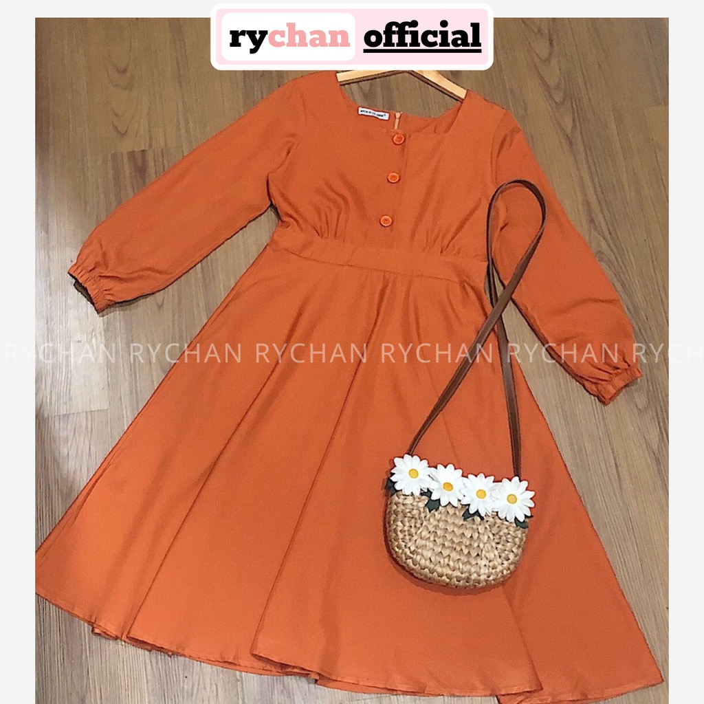 [ẢNH THẬT CUỐI] DM637 - Đầm Maxi Cam Cổ Vuông Phối Tay Phồng