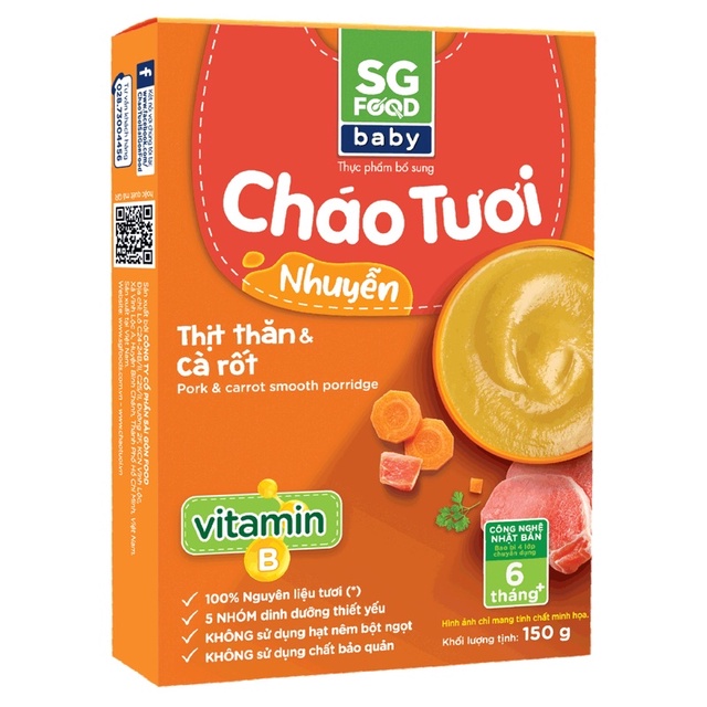 Cháo tươi nhuyễn baby SG FOOD cho trẻ từ 6 tháng cung cấp vitamin B, DHA