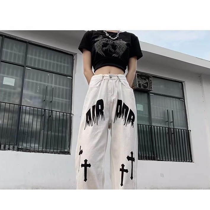 Quần Jean Dài Dáng Rộng Phong Cách Đường Phố Mỹ Thời Trang Cá Tính Cho Nam Và Nữ