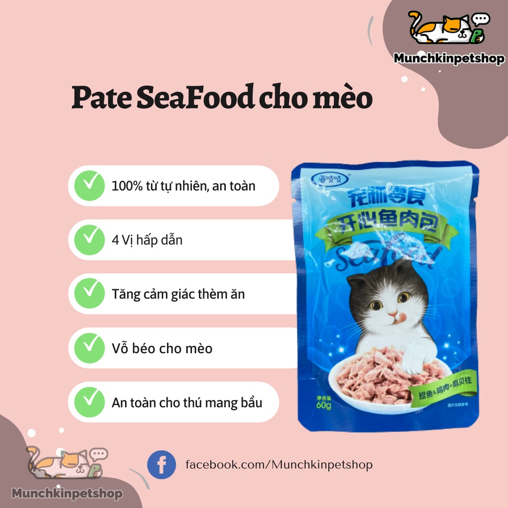 Pate cho mèo Happy Akachan Cá Ngừ,Gà,Sò,Mực Ống Nhuyễn Mịn Gói 60gr